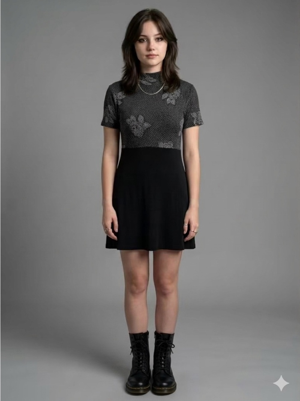 Vintage 90s Black Glitter Celestial Floral Mock Neck Dress Small Emo Goth